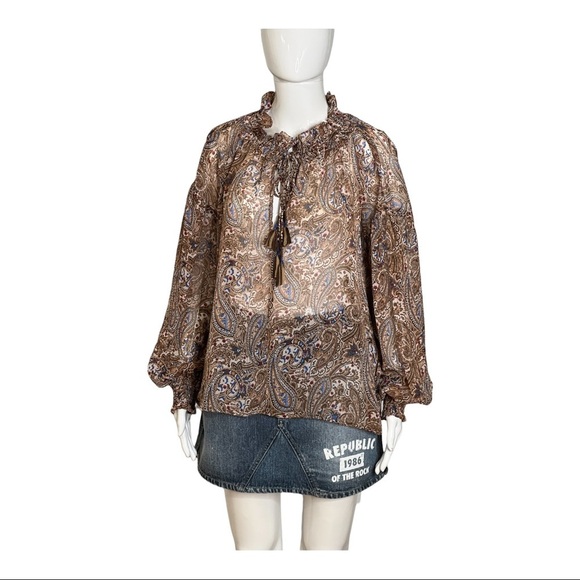 Zara Women Size M Blouse V Neck Long Sleeve Ruffle Sheer Top Paisley Tassel - Picture 11 of 14